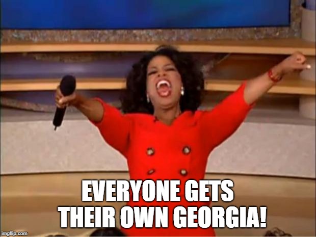 Oprah Gives Everyone a Georgia | EVERYONE GETS  THEIR OWN GEORGIA! | image tagged in memes,oprah you get a | made w/ Imgflip meme maker