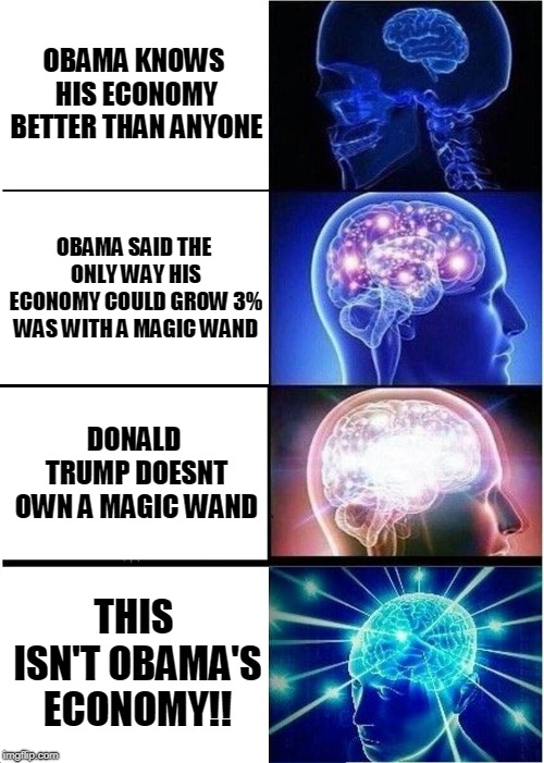 MAGA ECONOMY PROVEN 100% | OBAMA KNOWS HIS ECONOMY BETTER THAN ANYONE; OBAMA SAID THE ONLY WAY HIS ECONOMY COULD GROW 3% WAS WITH A MAGIC WAND; DONALD TRUMP DOESNT OWN A MAGIC WAND; THIS ISN'T OBAMA'S ECONOMY!! | image tagged in memes,expanding brain | made w/ Imgflip meme maker