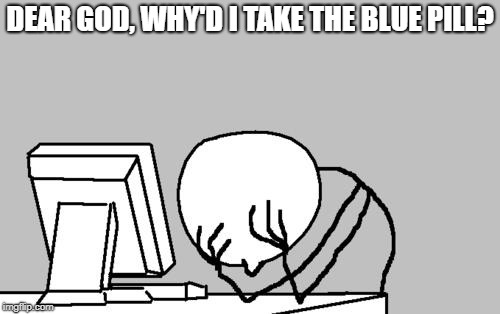 Computer Guy Facepalm Meme | DEAR GOD, WHY'D I TAKE THE BLUE PILL? | image tagged in memes,computer guy facepalm | made w/ Imgflip meme maker