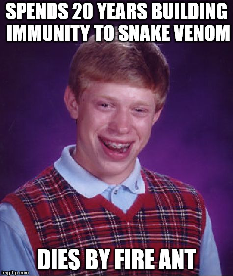 Bad Luck Brian Meme | SPENDS 20 YEARS BUILDING IMMUNITY TO SNAKE VENOM; DIES BY FIRE ANT | image tagged in memes,bad luck brian | made w/ Imgflip meme maker