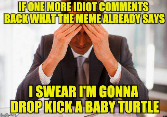 Lack of originality | IF ONE MORE IDIOT COMMENTS BACK WHAT THE MEME ALREADY SAYS; I SWEAR I'M GONNA DROP KICK A BABY TURTLE | image tagged in memes,depression | made w/ Imgflip meme maker
