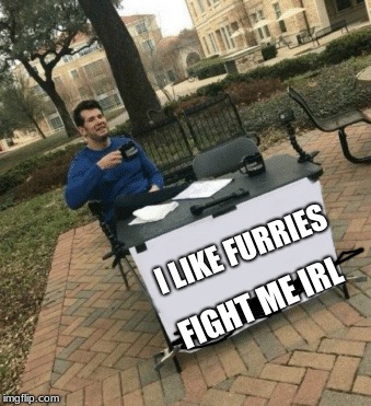 Furries didn't hurt you, so why all the hate |  I LIKE FURRIES; FIGHT ME IRL | image tagged in change my mind,furries,fight,memes,realistic | made w/ Imgflip meme maker