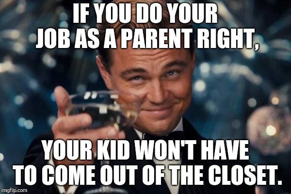 Leonardo Dicaprio Cheers Meme | IF YOU DO YOUR JOB AS A PARENT RIGHT, YOUR KID WON'T HAVE TO COME OUT OF THE CLOSET. | image tagged in memes,leonardo dicaprio cheers | made w/ Imgflip meme maker