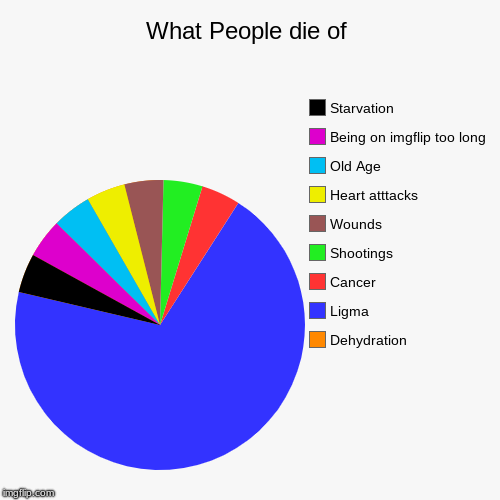 What People die of | Dehydration, Ligma, Cancer, Shootings, Wounds, Heart atttacks, Old Age, Being on imgflip too long, Starvation | image tagged in funny,pie charts | made w/ Imgflip chart maker