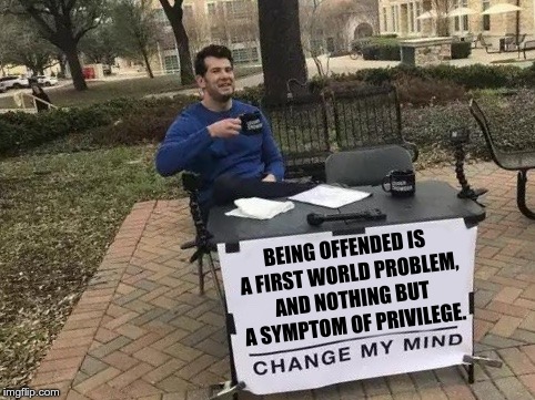 Being offended | BEING OFFENDED IS A FIRST WORLD PROBLEM, AND NOTHING BUT A SYMPTOM OF PRIVILEGE. | image tagged in change my mind,offended,privilege | made w/ Imgflip meme maker