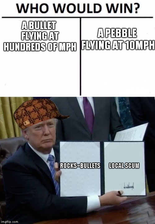 Trump Logic | A PEBBLE FLYING AT 10MPH; A BULLET FLYING AT HUNDREDS OF MPH; ROCKS=BULLETS       LOCAL SCUM | image tagged in trump,memes,funny,bill,who would win,rocks | made w/ Imgflip meme maker