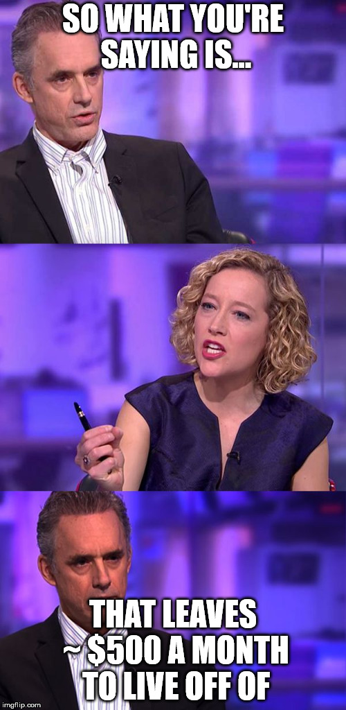 Jordan Peterson - So You're Saying | SO WHAT YOU'RE SAYING IS... THAT LEAVES ~ $500 A MONTH TO LIVE OFF OF | image tagged in jordan peterson - so you're saying | made w/ Imgflip meme maker