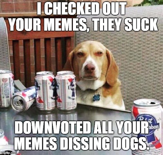 I CHECKED OUT YOUR MEMES, THEY SUCK DOWNVOTED ALL YOUR MEMES DISSING DOGS. | made w/ Imgflip meme maker