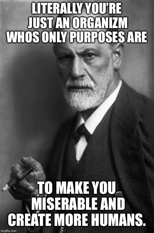 Sigmund Freud | LITERALLY YOU’RE JUST AN ORGANIZM WHOS ONLY PURPOSES ARE; TO MAKE YOU MISERABLE AND CREATE MORE HUMANS. | image tagged in memes,sigmund freud | made w/ Imgflip meme maker