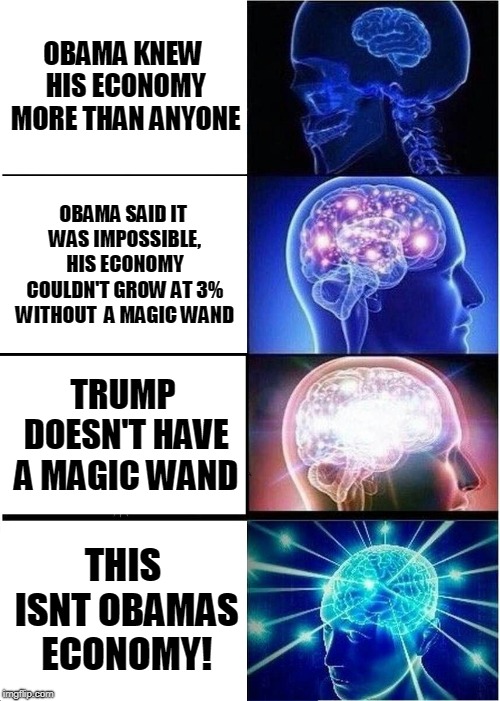 Mid-Tern MAGA Mania  | OBAMA KNEW HIS ECONOMY MORE THAN ANYONE; OBAMA SAID IT WAS IMPOSSIBLE, HIS ECONOMY COULDN'T GROW AT 3% WITHOUT  A MAGIC WAND; TRUMP DOESN'T HAVE A MAGIC WAND; THIS ISNT OBAMAS ECONOMY! | image tagged in memes,expanding brain | made w/ Imgflip meme maker
