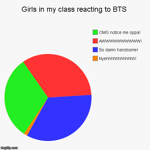 This is for real... | Girls in my class reacting to BTS | Nyehhhhhhhhhhhh!, So damn handsome!, AWWWWWWWWWW!, OMG notice me oppa! | image tagged in funny,pie charts,bts | made w/ Imgflip chart maker