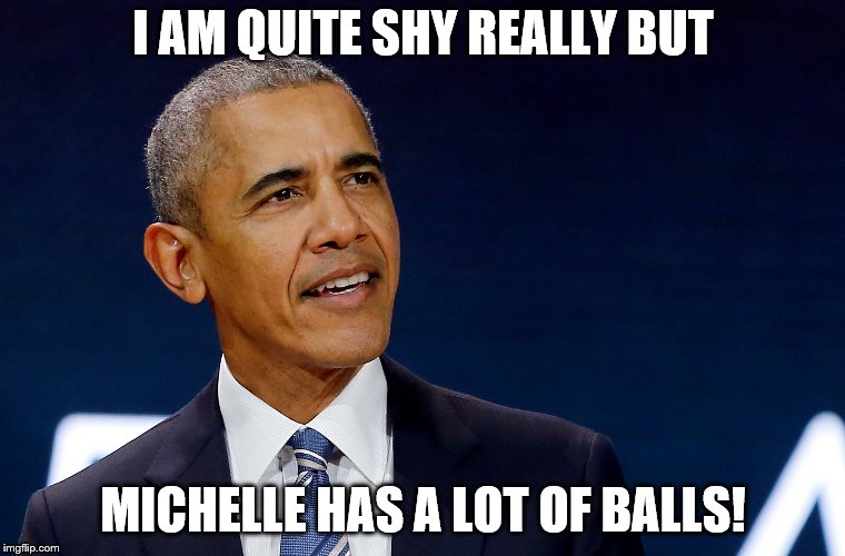 BARRACK | I AM QUITE SHY REALLY BUT; MICHELLE HAS A LOT OF BALLS! | image tagged in obama | made w/ Imgflip meme maker