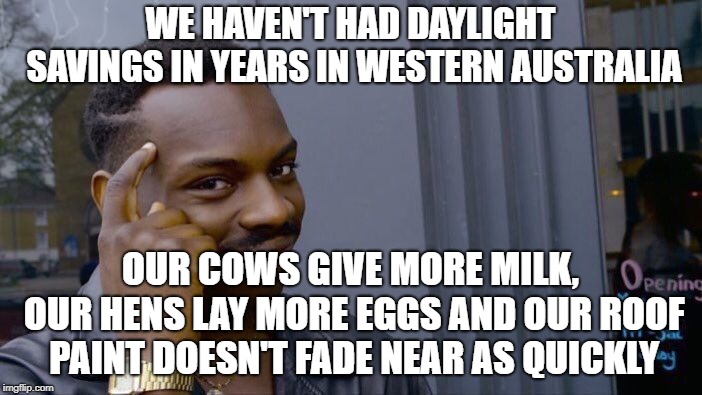 Roll Safe Think About It Meme | WE HAVEN'T HAD DAYLIGHT SAVINGS IN YEARS IN WESTERN AUSTRALIA OUR COWS GIVE MORE MILK, OUR HENS LAY MORE EGGS AND OUR ROOF PAINT DOESN'T FAD | image tagged in memes,roll safe think about it | made w/ Imgflip meme maker