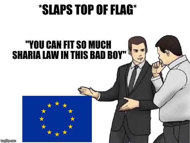 Car Salesman Slaps Hood Meme | *SLAPS TOP OF FLAG*; "YOU CAN FIT SO MUCH SHARIA LAW IN THIS BAD BOY" | image tagged in memes,car salesman slaps hood,eu,sharia law | made w/ Imgflip meme maker