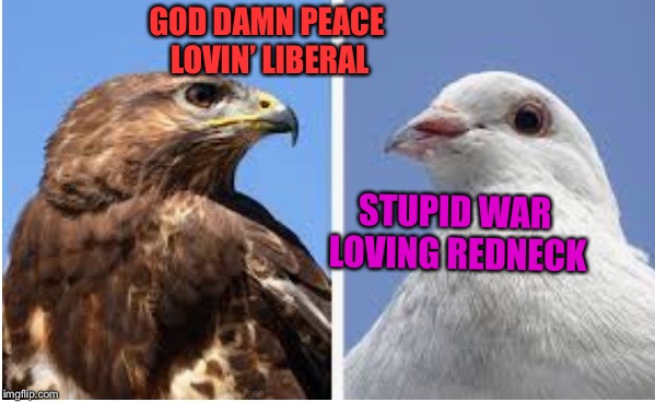 GO***AMN PEACE LOVIN’ LIBERAL STUPID WAR LOVING
REDNECK | made w/ Imgflip meme maker