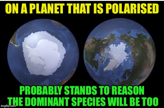 ON A PLANET THAT IS POLARISED PROBABLY STANDS TO REASON THE DOMINANT SPECIES WILL BE TOO | made w/ Imgflip meme maker