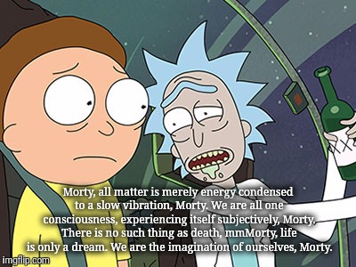 It's like trying to explain the Infinite Self to your self..  | Morty, all matter is merely energy condensed to a slow vibration, Morty. We are all one consciousness, experiencing itself subjectively, Morty. There is no such thing as death, mmMorty, life is only a dream. We are the imagination of ourselves, Morty. | image tagged in rick and morty,be like bill | made w/ Imgflip meme maker