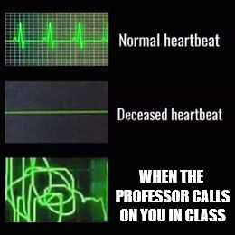 Real students' reaction when I call on them in class |  WHEN THE PROFESSOR CALLS ON YOU IN CLASS | image tagged in heartbeat rate,college humor,student life | made w/ Imgflip meme maker