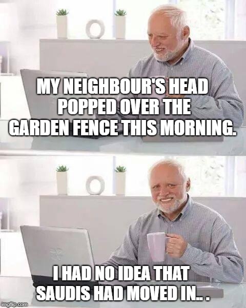 Hide the Pain Harold Meme | MY NEIGHBOUR'S HEAD POPPED OVER THE GARDEN FENCE THIS MORNING. I HAD NO IDEA THAT SAUDIS HAD MOVED IN.. . | image tagged in memes,hide the pain harold | made w/ Imgflip meme maker