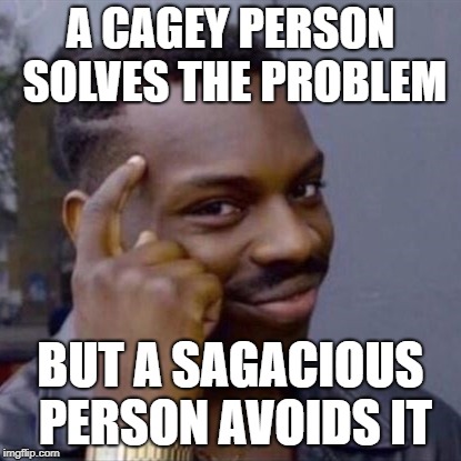 wise black guy | A CAGEY PERSON SOLVES THE PROBLEM; BUT A SAGACIOUS PERSON AVOIDS IT | image tagged in wise black guy | made w/ Imgflip meme maker
