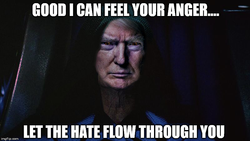 Emperor Donald Trump | GOOD I CAN FEEL YOUR ANGER.... LET THE HATE FLOW THROUGH YOU | image tagged in donald trump,emporer palpatine | made w/ Imgflip meme maker