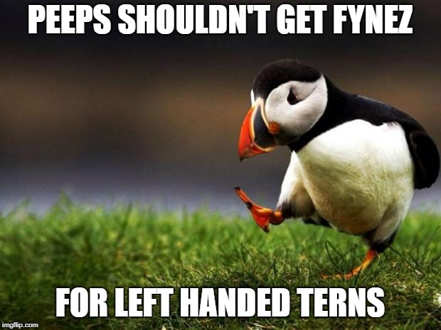 Unpopular Opinion Puffin | PEEPS SHOULDN'T GET FYNEZ; FOR LEFT HANDED TERNS | image tagged in memes,unpopular opinion puffin | made w/ Imgflip meme maker