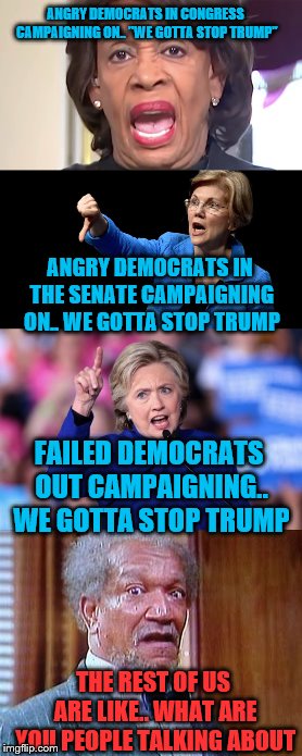 There Are Those Who Get It, And Then There Are The Democrats | ANGRY DEMOCRATS IN CONGRESS CAMPAIGNING ON.. "WE GOTTA STOP TRUMP"; ANGRY DEMOCRATS IN THE SENATE CAMPAIGNING ON.. WE GOTTA STOP TRUMP; FAILED DEMOCRATS OUT CAMPAIGNING.. WE GOTTA STOP TRUMP; THE REST OF US ARE LIKE.. WHAT ARE YOU PEOPLE TALKING ABOUT | image tagged in make america great again,maxine water,elizabeth warren,hillary clinton,red wave,redd foxx | made w/ Imgflip meme maker