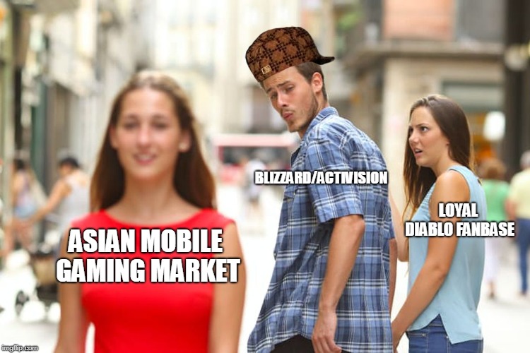 Distracted Boyfriend Meme | BLIZZARD/ACTIVISION; LOYAL DIABLO FANBASE; ASIAN MOBILE GAMING MARKET | image tagged in memes,distracted boyfriend,scumbag,gaming | made w/ Imgflip meme maker