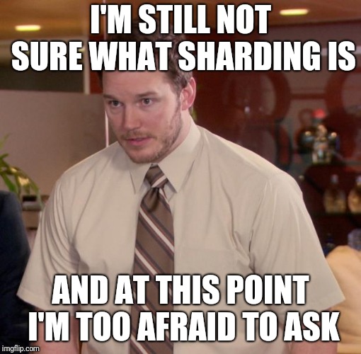 Chris Pratt meme | I'M STILL NOT SURE WHAT SHARDING IS; AND AT THIS POINT I'M TOO AFRAID TO ASK | image tagged in chris pratt meme | made w/ Imgflip meme maker