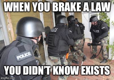 Swat Team | WHEN YOU BRAKE A LAW; YOU DIDN’T KNOW EXISTS | image tagged in swat team | made w/ Imgflip meme maker