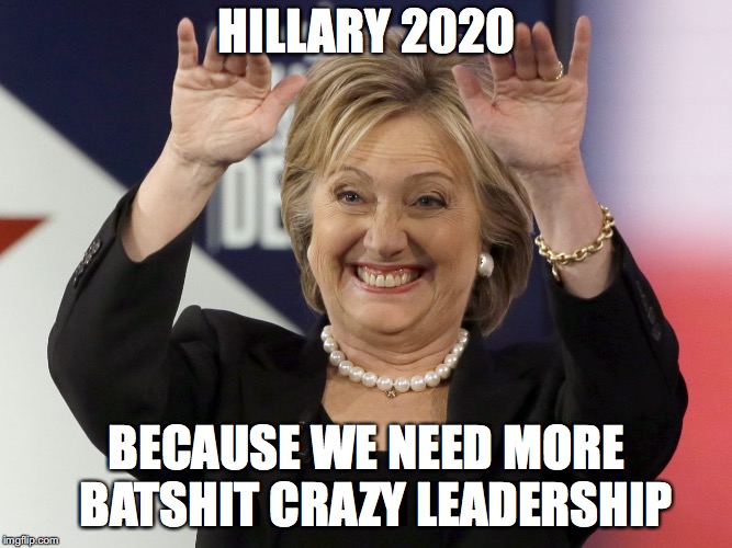 hillary batshite crazy | HILLARY 2020; BECAUSE WE NEED MORE 
BATSHIT CRAZY LEADERSHIP | image tagged in hillary 2020,blue wave,crazy,batshit,clinton,stupid | made w/ Imgflip meme maker