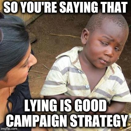 Third World Skeptical Kid Meme | SO YOU'RE SAYING THAT LYING IS GOOD CAMPAIGN STRATEGY | image tagged in memes,third world skeptical kid | made w/ Imgflip meme maker