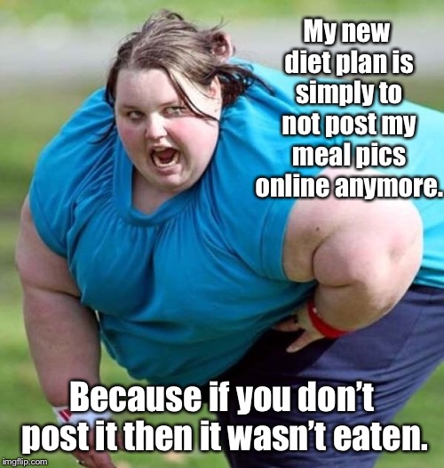 My new diet plan is simply to not post my meal pics online anymore. Because if you don’t post it then it wasn’t eaten. | made w/ Imgflip meme maker