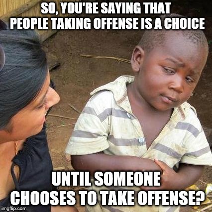 Third World Skeptical Kid Meme | SO, YOU'RE SAYING THAT PEOPLE TAKING OFFENSE IS A CHOICE UNTIL SOMEONE CHOOSES TO TAKE OFFENSE? | image tagged in memes,third world skeptical kid | made w/ Imgflip meme maker