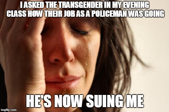 Policeman, policewoman? What is it than!? | I ASKED THE TRANSGENDER IN MY EVENING CLASS HOW THEIR JOB AS A POLICEMAN WAS GOING; HE'S NOW SUING ME | image tagged in memes,first world problems,funny,transgender,sexuality,fun | made w/ Imgflip meme maker