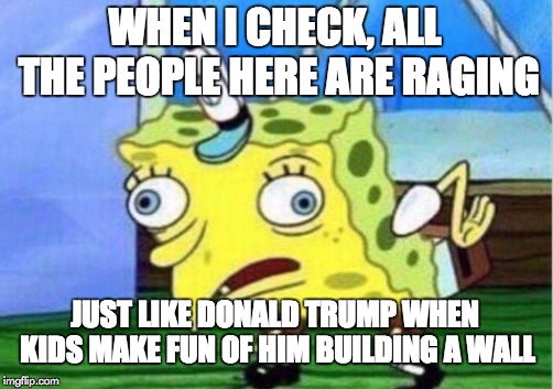 Mocking Spongebob | WHEN I CHECK, ALL THE PEOPLE HERE ARE RAGING; JUST LIKE DONALD TRUMP WHEN KIDS MAKE FUN OF HIM BUILDING A WALL | image tagged in memes,mocking spongebob | made w/ Imgflip meme maker