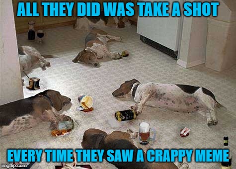 Looks like some parties that we threw in my younger days... | ALL THEY DID WAS TAKE A SHOT; EVERY TIME THEY SAW A CRAPPY MEME | image tagged in dog party,memes,drunk,dogs,funny,animals | made w/ Imgflip meme maker
