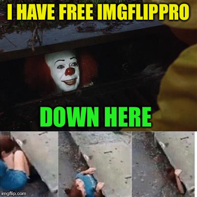 pennywise in sewer | I HAVE FREE IMGFLIPPRO DOWN HERE | image tagged in pennywise in sewer | made w/ Imgflip meme maker