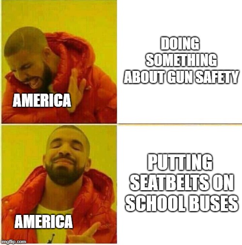 Drake Hotline approves | DOING SOMETHING ABOUT GUN SAFETY; AMERICA; PUTTING SEATBELTS ON SCHOOL BUSES; AMERICA | image tagged in drake hotline approves | made w/ Imgflip meme maker
