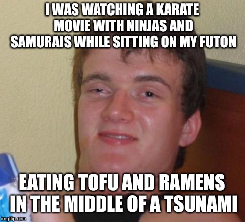 10 Guy Meme | I WAS WATCHING A KARATE MOVIE WITH NINJAS AND SAMURAIS WHILE SITTING ON MY FUTON EATING TOFU AND RAMENS IN THE MIDDLE OF A TSUNAMI | image tagged in memes,10 guy | made w/ Imgflip meme maker