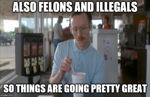 Things Are Getting Serious | ALSO FELONS AND ILLEGALS SO THINGS ARE GOING PRETTY GREAT | image tagged in things are getting serious | made w/ Imgflip meme maker