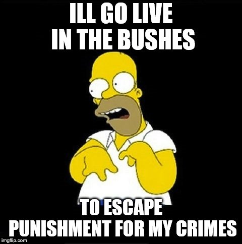 Homer Simpson Retarded | ILL GO LIVE IN THE BUSHES TO ESCAPE PUNISHMENT FOR MY CRIMES | image tagged in homer simpson retarded | made w/ Imgflip meme maker