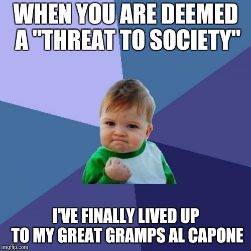 Success Kid | WHEN YOU ARE DEEMED A "THREAT TO SOCIETY"; I'VE FINALLY LIVED UP TO MY GREAT GRAMPS AL CAPONE | image tagged in memes,success kid | made w/ Imgflip meme maker