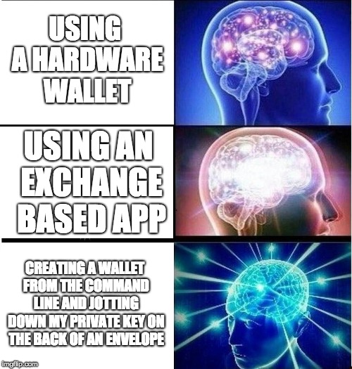Expanding brain 3 panel | USING A HARDWARE WALLET; USING AN EXCHANGE BASED APP; CREATING A WALLET FROM THE COMMAND LINE AND JOTTING DOWN MY PRIVATE KEY ON THE BACK OF AN ENVELOPE | image tagged in expanding brain 3 panel,scumbag | made w/ Imgflip meme maker