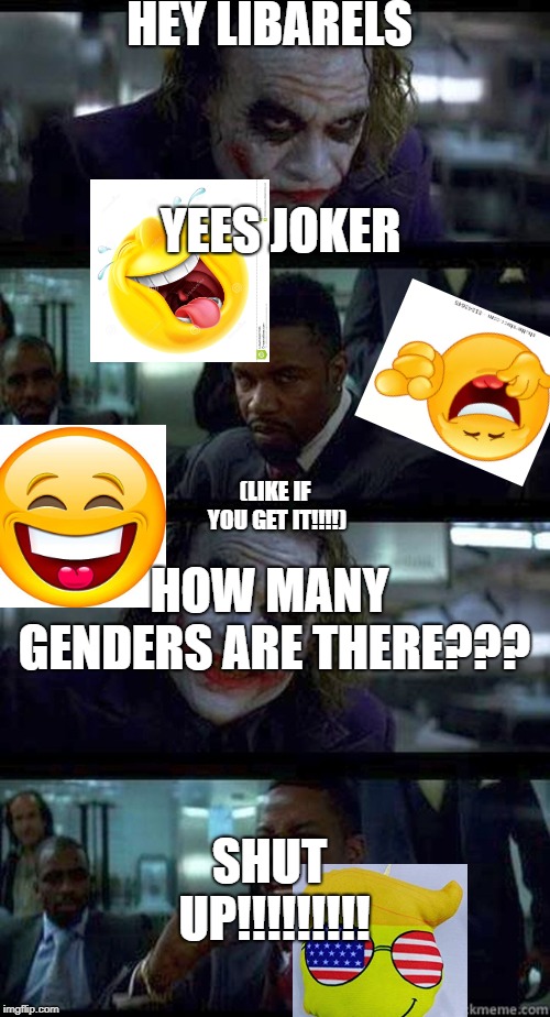 i dont actally knwo what a gender is but this is still funnt!!! | HEY LIBARELS; YEES JOKER; (LIKE IF YOU GET IT!!!!); HOW MANY GENDERS ARE THERE??? SHUT UP!!!!!!!!! | image tagged in gender,liberals,snowflake,left wing,leftists,trump | made w/ Imgflip meme maker