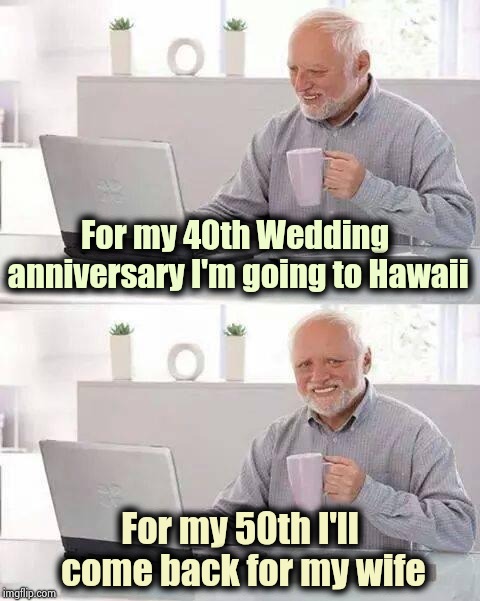 Absence makes the heart grow fonder | For my 40th Wedding anniversary I'm going to Hawaii; For my 50th I'll come back for my wife | image tagged in memes,hide the pain harold,anniversary,break,still a better love story than twilight,nagging wife | made w/ Imgflip meme maker