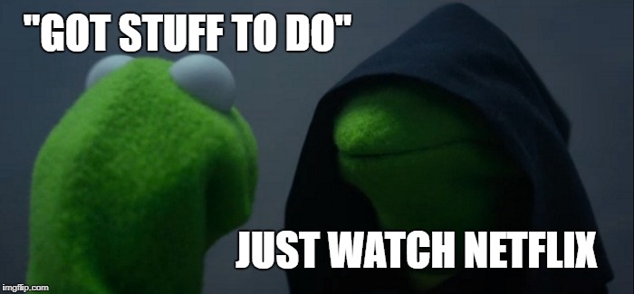 Evil Kermit Meme | "GOT STUFF TO DO"; JUST WATCH NETFLIX | image tagged in memes,evil kermit | made w/ Imgflip meme maker