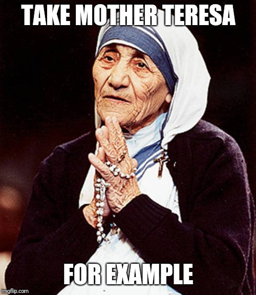 Mother Theresa Praying | TAKE MOTHER THERESA FOR EXAMPLE | image tagged in mother theresa praying | made w/ Imgflip meme maker