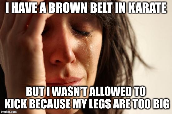 First World Problems Meme | I HAVE A BROWN BELT IN KARATE BUT I WASN’T ALLOWED TO KICK BECAUSE MY LEGS ARE TOO BIG | image tagged in memes,first world problems | made w/ Imgflip meme maker