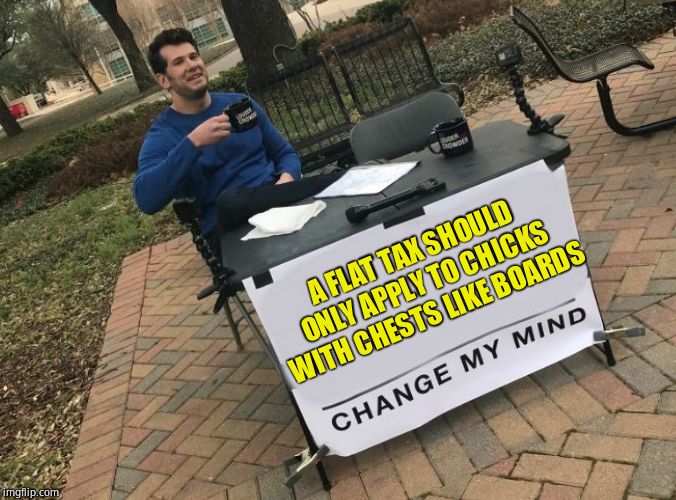 Change my mind Crowder | A FLAT TAX SHOULD ONLY APPLY TO CHICKS WITH CHESTS LIKE BOARDS | image tagged in change my mind crowder,jokes,chill | made w/ Imgflip meme maker